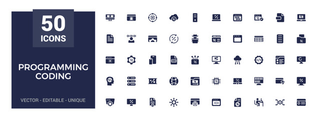 Wall Mural - coding and programming solid icons set. software development icons, filled icon collection, glyph fo