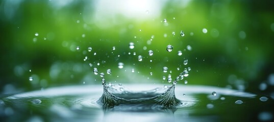 Water Splash, Close-up of Water Droplets with Green Blurred Background, Freshness and Purity Concept