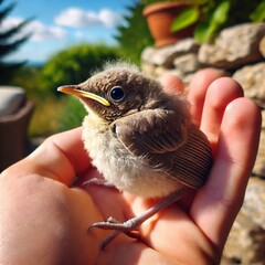 A small, fluffy baby bird rests gently in a person’s hand, symbolizing care and tenderness. The image captures the beauty of wildlife and human connection in a natural outdoor setting.