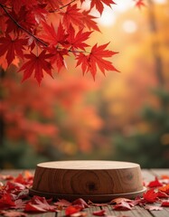 red autumn leaves on wooden table