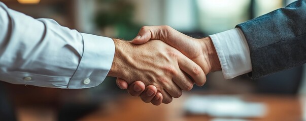 Young business people shaking hands in the office. Finishing successful meeting. Three persons. Wide screen panoramic, Generative AI