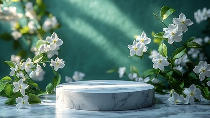 Canvas Print - White marble podium with white flowers and green background.