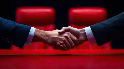 Two hands shaking, symbolizing partnership and agreement on a vibrant background.