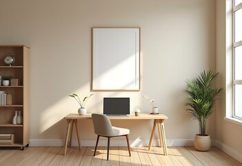 Wall Mural - Modern beige home office room with laptop on desk and blank picture frame mockup on the wall with lighting through glass window, interior home decoration design concept