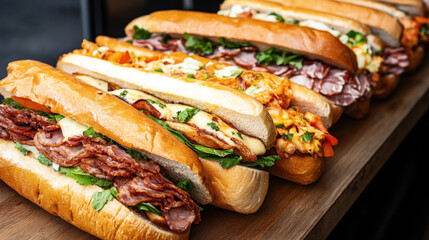 Poster - Close-up of a variety of delicious, freshly made sub sandwiches with different meats, cheeses, and garnishes neatly arranged on a wooden surface.