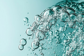 Abstract macro close-up of water bubbles in a blue-green liquid, showing intricate patterns and formations against a light background.