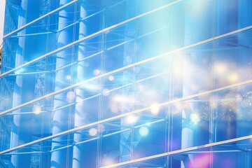 Poster - A close-up of an abstract blue glass building facade in Hong Kong, with sunlight reflecting through the windows.