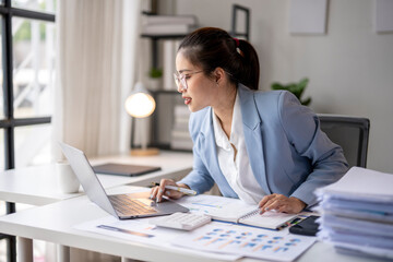 Wall Mural - Businesswoman analyzing business data working using laptop computer at office desk