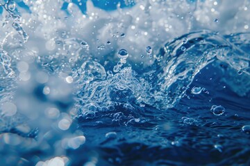 Closeup of water droplets and bubbles in a blue liquid