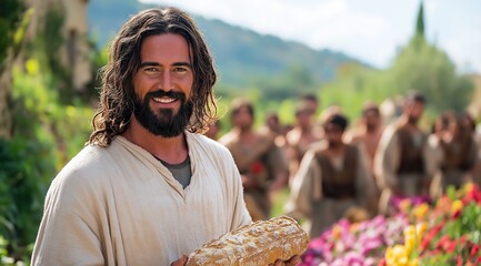 Man with a beard, long hair. He is smiling surrounded by other people. Jesus holding bread in serene outdoor setting with disciples in background, religious, biblical, community concept