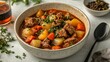 © Joachim - A mouthwatering bowl of hearty beef stew is filled with chunky vegetables like potatoes and carrots, topped with fresh herbs, exuding warmth and comfort in every bite.