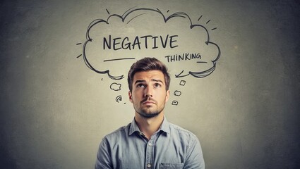 man contemplating negative thoughts in a thought bubble