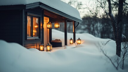 Poster - Snow-covered cabin with glowing lanterns hanging from the porch, creating a warm and cozy atmosphere during twilight in a winter landscape.