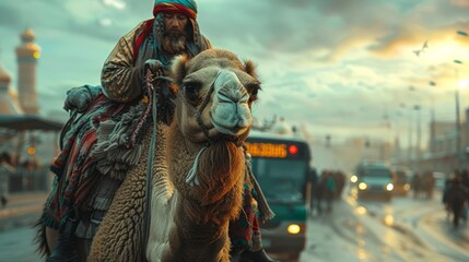 A rider atop a beautifully adorned camel traverses a vibrant street, where the sunset illuminates a mix of tradition and contemporary life around them