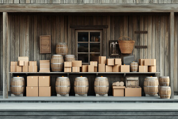 Sticker - Wooden barrels and cardboard boxes arranged on shelves against a rustic wooden wall, suggesting a storage or delivery setting. A woven basket hangs nearby.