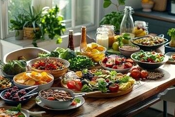Aufkleber - A wooden table is filled with an array of fresh fruits, vegetables, nuts, and wholesome meals in a well-lit kitchen setting. Generative AI
