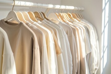 Hanging collection of neutral-toned clothing on hangers in a sunlit room showcasing minimalist fashion style