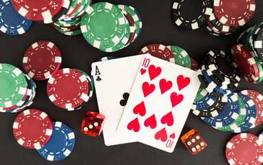 Playing cards on color background, top view. Gambling concept