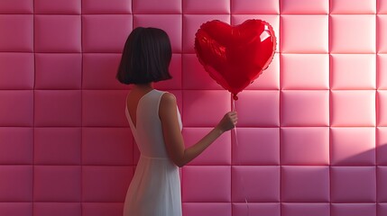 Canvas Print - Woman in white dress holds red heart balloon against pink tiled wall.