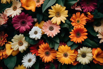 Canvas Print - Colorful assortment of blooming flowers including daisies and gerberas in various shades of yellow, orange, pink, white, and purple with green leaves.