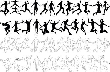 Wall Mural - jump silhouette and line art vector illustration, dynamic, human figures outline in various active poses, motion, dance, exercise, sports, running, jumping, arms raised for diverse uses