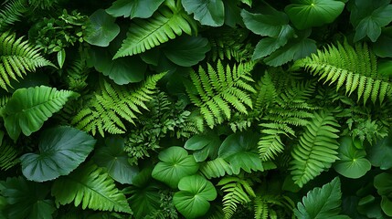 Lush green foliage of various ferns and leaves, creating a vibrant texture.