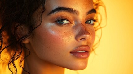 Wall Mural - A stunning close-up portrait of a woman with glowing skin and captivating eyes illuminated by warm, golden light, representing beauty and self-confidence.