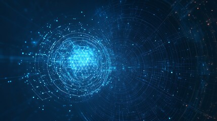 Abstract futuristic background with a glowing sphere in the center and geometric patterns radiating outwards.