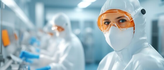 Workers in a cleanroom environment assembling medical devices, medical device production, hightech health manufacturing