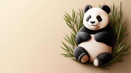 Wall Mural - Adorable illustration of a smiling panda lying on its back surrounded by green bamboo leaves on a light beige background.