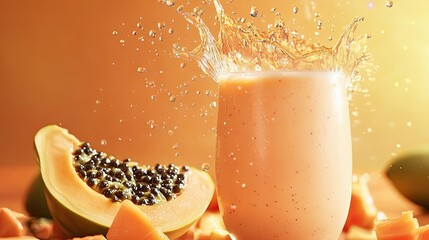 Wall Mural - Papaya Smoothie with Splashing Juice and Fruit Pieces