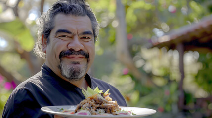 A Chef Holding a Plate of Beautifully Arranged Gourmet Food with a Satisfied Smile, Symbolizing High Food Expectations, Captured Against a Softly Blurred Background That Emphasizes the Chef and the Di