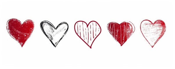 Red hand drawn hearts isolated on white background. Grunge and doodle hearts set. Love symbol graphic design elements. Valentine's day concept. , Generative AI