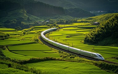 High speed Bullet Train traveling through the lush green landscape aerial view