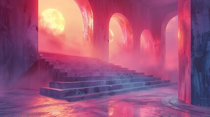 Wall Mural - surreal pink architecture with glowing arches and fog