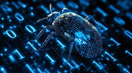 A digital bug composed of binary code crawling across a blue and black grid