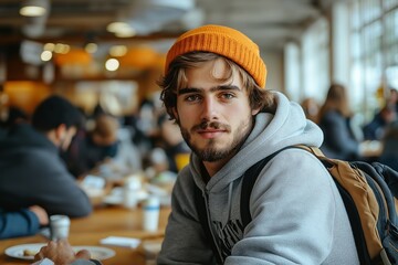 Wall Mural - Man with a beard and blue eyes is sitting at a table with a cup in front of him. Positive homeless white man sits at a table in a bustling homeless shelter dining hall, surrounded by other individuals