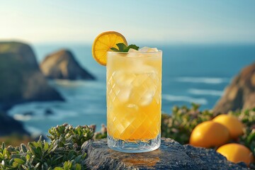 Glass of orange juice with ice cubes and a slice of orange on top. There are also two oranges on the ground. Refreshing cocktail by the sea with scenic ocean and coastal view