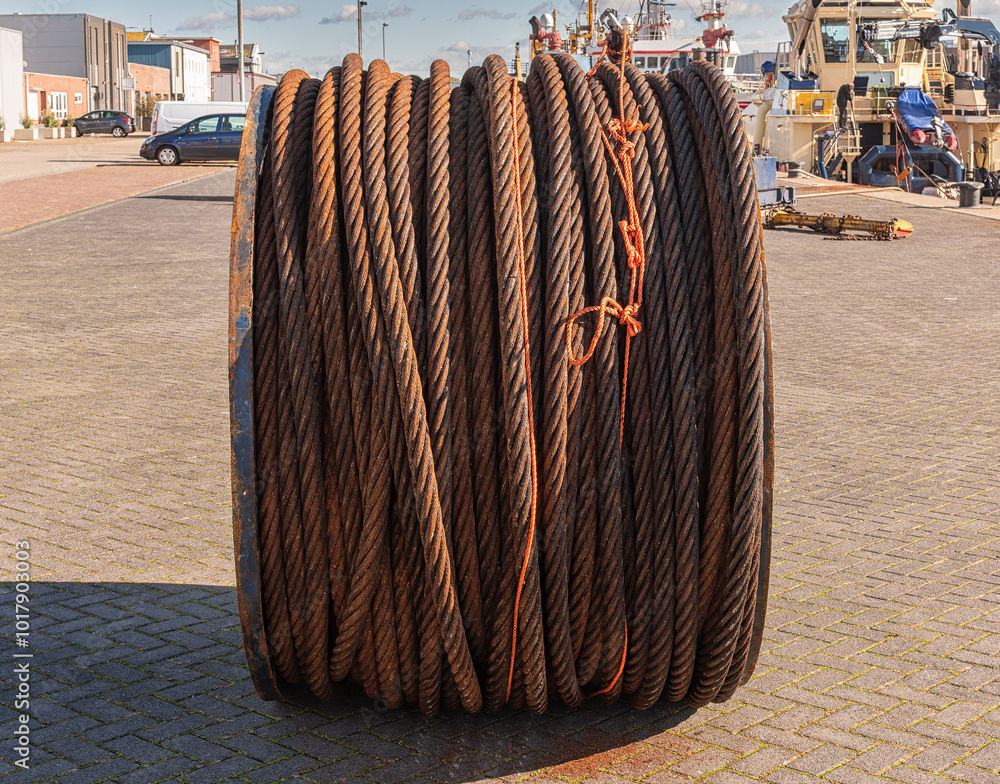 steel winch with steel cables is located outside on the harbor quay