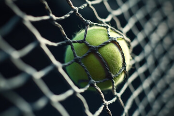 Wall Mural - Close-up of a tennis ball stuck in the net on a tennis court, highlighting the texture and details of the ball and net under natural lighting.