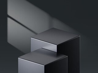 Aufkleber - Black product podium display background stage on 3d luxury presentation showcase empty platform studio. Minimal stand dark scene pedestal backdrop with elegant advertising geometric mockup design.