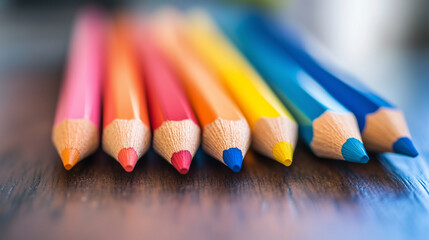 Close up on colorful crayons. Art supplies or pencils for school drawings.