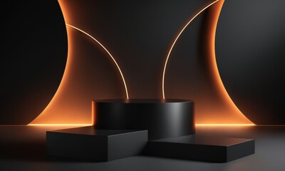 Black product display platform with neon orange lights