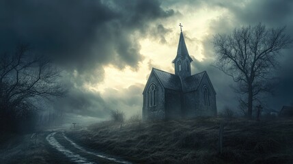 Wall Mural - chapel in dramatic stormy atmosphere