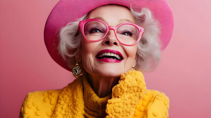 Wall Mural - A cheerful elderly woman in vibrant attire against a pink backdrop.