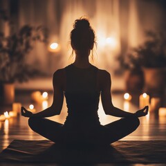 Yoga session in minimalist room with candles (close up, focus on, copy space) warm serene lighting, double exposure silhouette with candle flames 