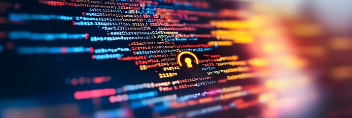 Wall Mural - secure software development code with a padlock symbol at center screen, blurry background.