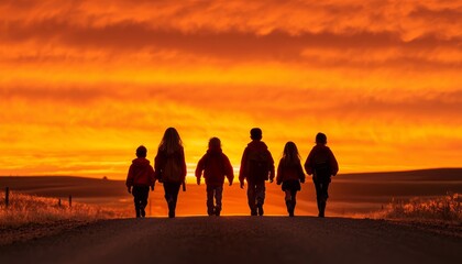 Wall Mural - Group of children walking on a quiet rural road, silhouetted against a glowing orange sunset sky