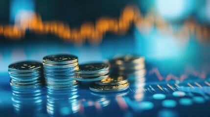 Poster - Coins on a Reflective Surface with Financial Graphs