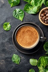 Steaming Cup of Coffee on Black Background, Aromatic Brew with Tropical Leaves, Top View.